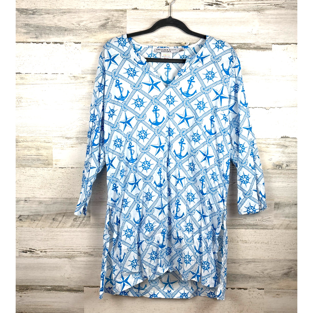 Gretchen Scott Women L Blue White Nautical Long Sleeve Cotton Beach Coverup Swim